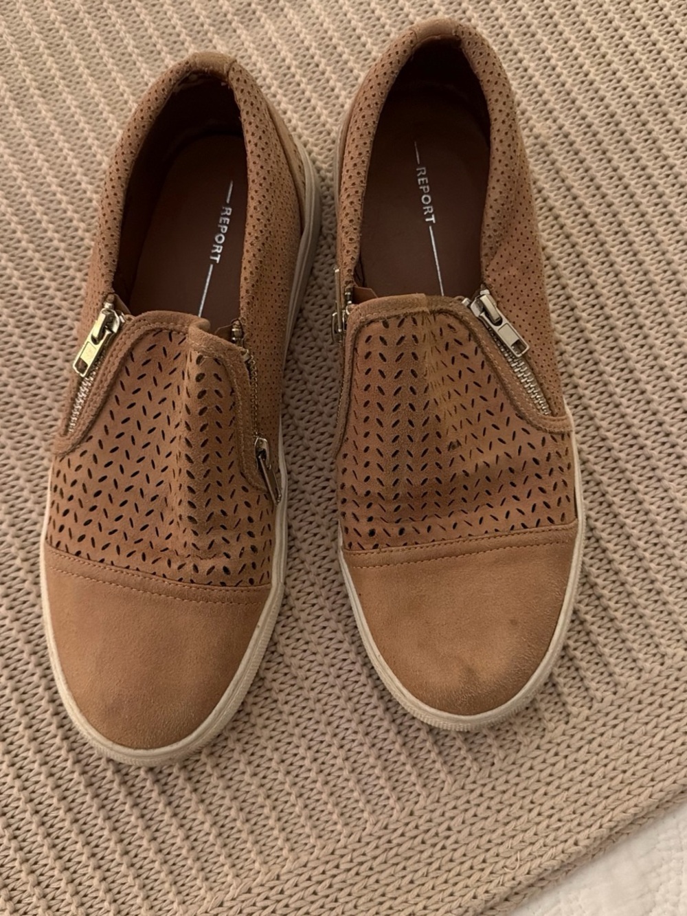 Report Women’s Tan Slip-On Sneakers with Perforated Upper and Side Zippers